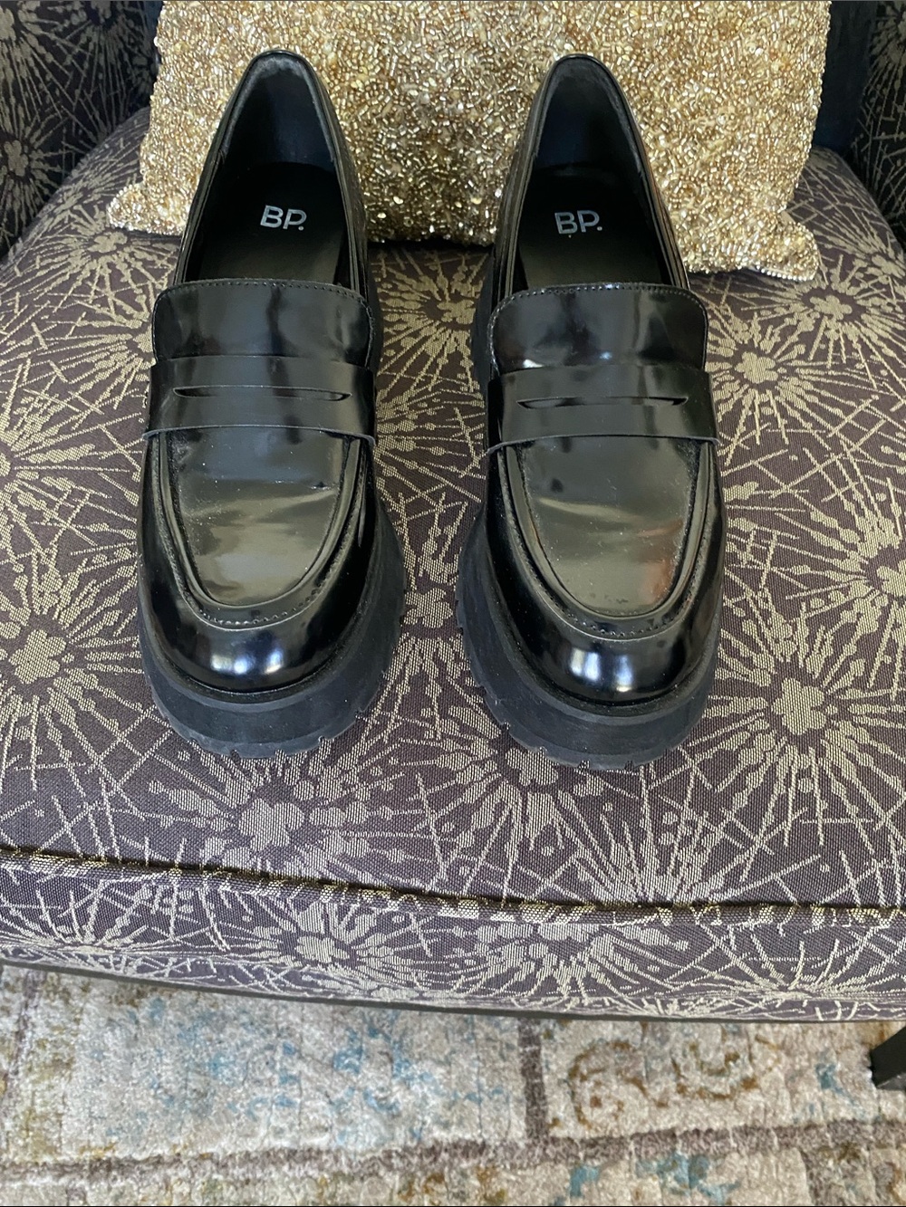bp Glossy Black Penny Loafers with Lug Sole